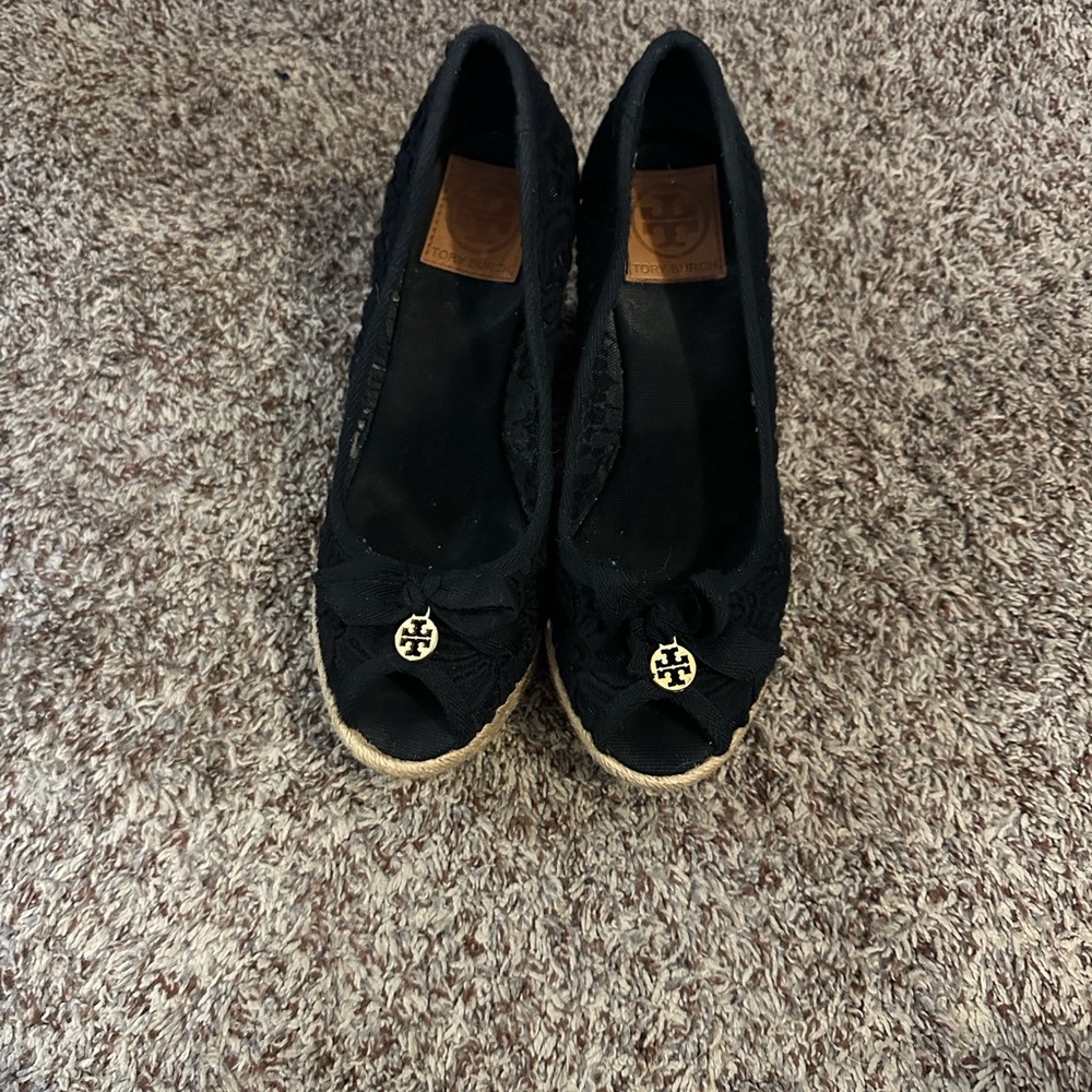 Tory Burch Black Lace Espadrille Wedges